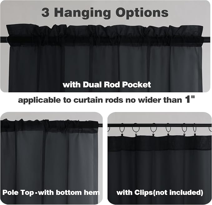 Chyhomenyc Black Sheer Window Curtain Panels 54 Inch 2 Panels, Light Filtering - Image 2