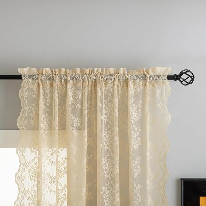 YJ YANJUN Vintage Lace Curtains 108 Inches Long-Victorian Floral Beige Sheer - Image 2