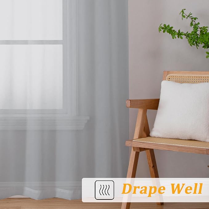 Gwine Light Grey Sheer Kitchen Curtains 36 Inch Length, Light Filtering Voile - Image 6