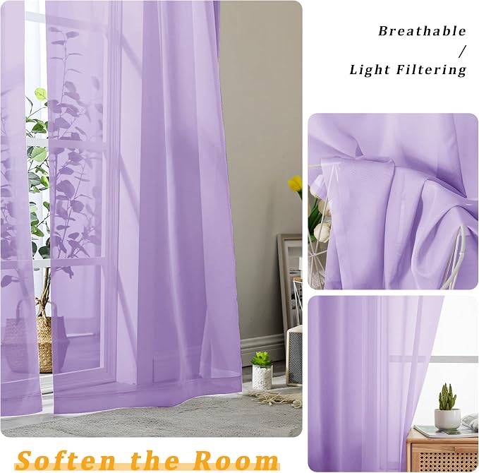 Gwine Lilac Sheer Curtain Tiers 24 Inch Length, Light Filtering Voile Short - Image 4