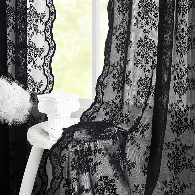 YJ YANJUN Vintage Lace Curtains 72 inch Length Goth Black Floral Sheer - Image 4