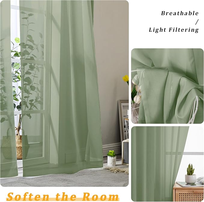 Gwine Sage Green Sheer Curtains 30 Inch Length, Short Light Filtering Voile - Image 5