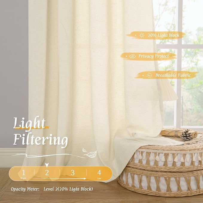 LAMIT 54 Inch Short Window Linen Curtains, Light Beige Soft Thick Light - Image 4