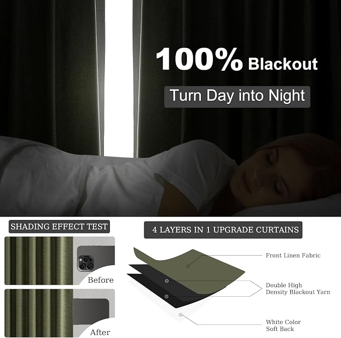 Topfinel Dark Green Curtains 86 Inches Long 2 Panels Set 100% Blackout Linen - Image 5