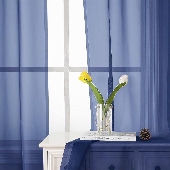 Lecloud Royal Blue Sheer Curtains 63 Inch Length 2 Panels Set, Voile Solid - Image 8