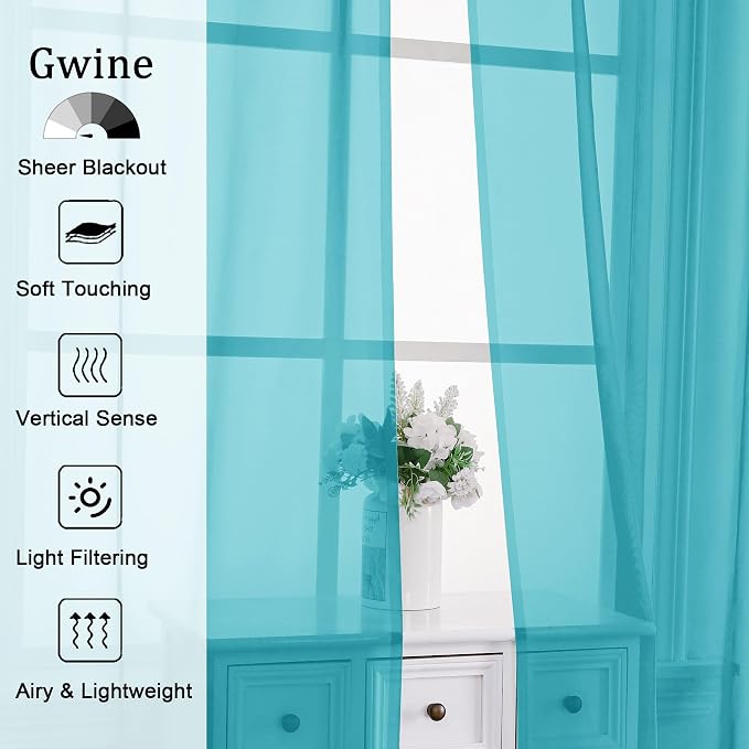 Gwine Turquoise Sheer Curtains for Living Room 45 inches Long, Short Voile - Image 2