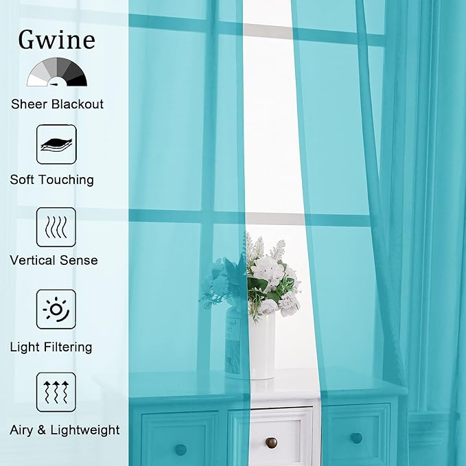 Gwine Turquoise Sheer Kitchen Curtains 36 Inch Length, Light Filtering Voile - Image 2