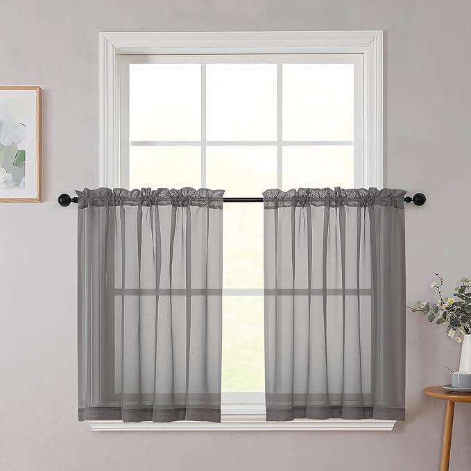 Grey Kitchen Curtains 30 Inch Length Tier 2 PCS, Solid Soft Half Curtains by WelvetBLK