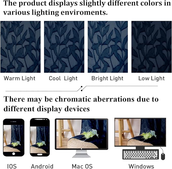 Lecloud Leia Navy Blue Sheer Curtains 90 Inches Long 2 Panels, Airy Leaf - Image 5