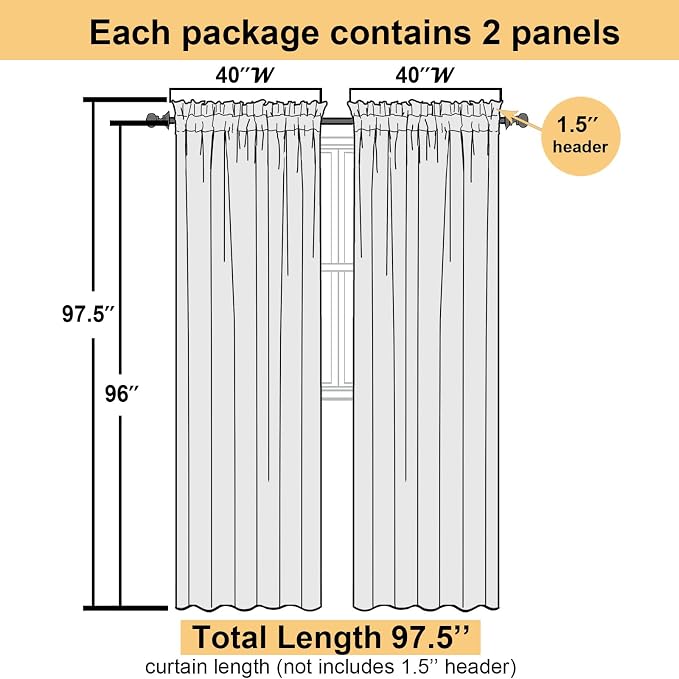 Lecloud Sheer Curtain Panels Set 96" Inches Long, Solid Voile Light Filtering - Image 3