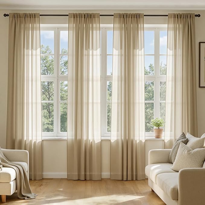 MIULEE Beige Sheer Curtains 108 Inches Long, 4 Panels Set, Rod Pocket Voile by MIULEE