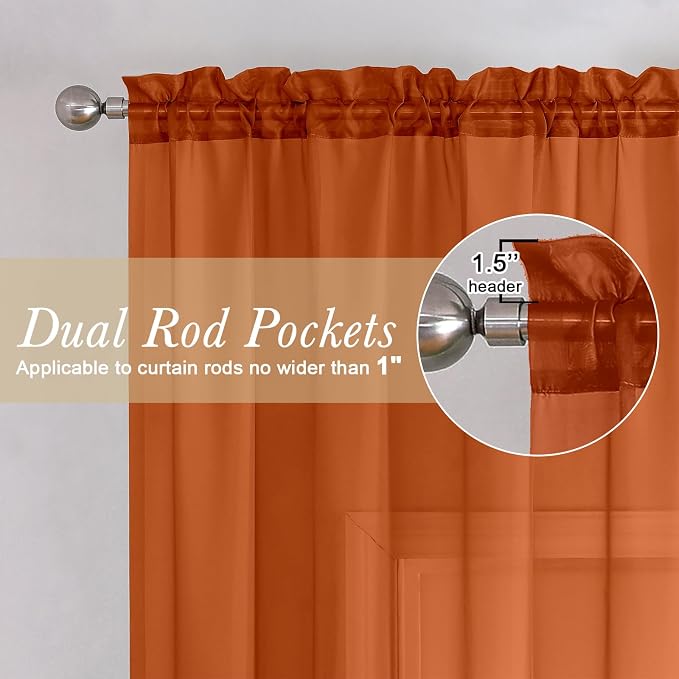 Lecloud Orange Sheer Curtains 78 Inches Long 2 Panels, Light Filtering Voile - Image 5