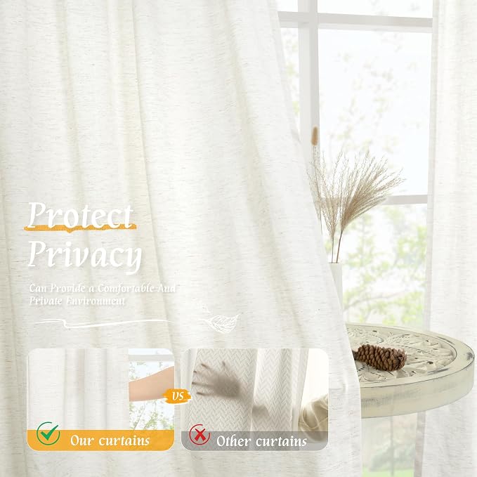 LAMIT Linen Semi Sheer Curtains 84 inch Long 2 Panels, Natural Ivory Soft Light - Image 5