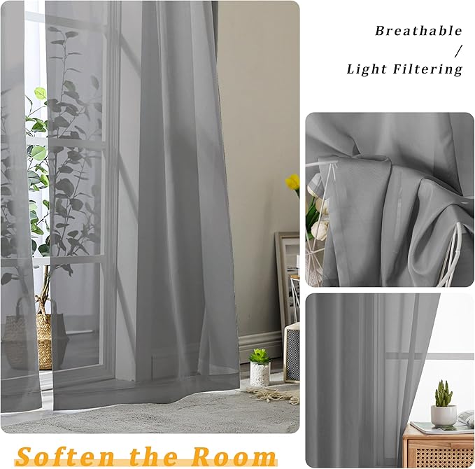 Gwine Charcoal Grey Sheer Curtains 96 Inches Long 2 Panels, Elegant Window - Image 3