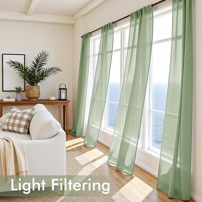MIULEE Sage Green Sheer Curtains 96 Inches Long, 4 Panels Set, Light Filtering - Image 4