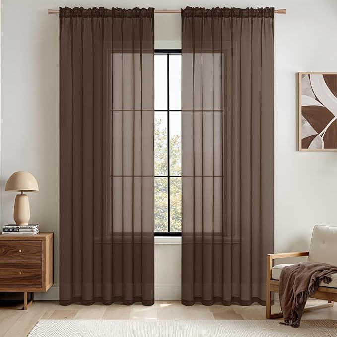 MIULEE Short Chocolate Brown Sheer Curtains 54 Inches Long, Light Filtering by MIULEE