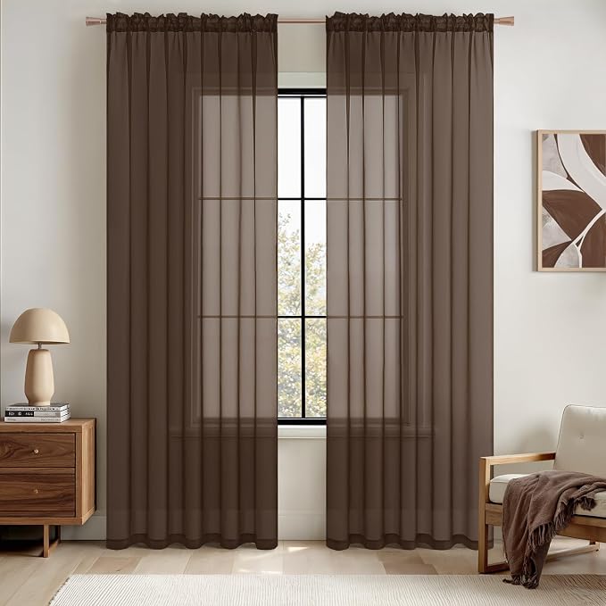 MIULEE Short Chocolate Brown Sheer Curtains 45 Inches Long, Light Filtering by MIULEE