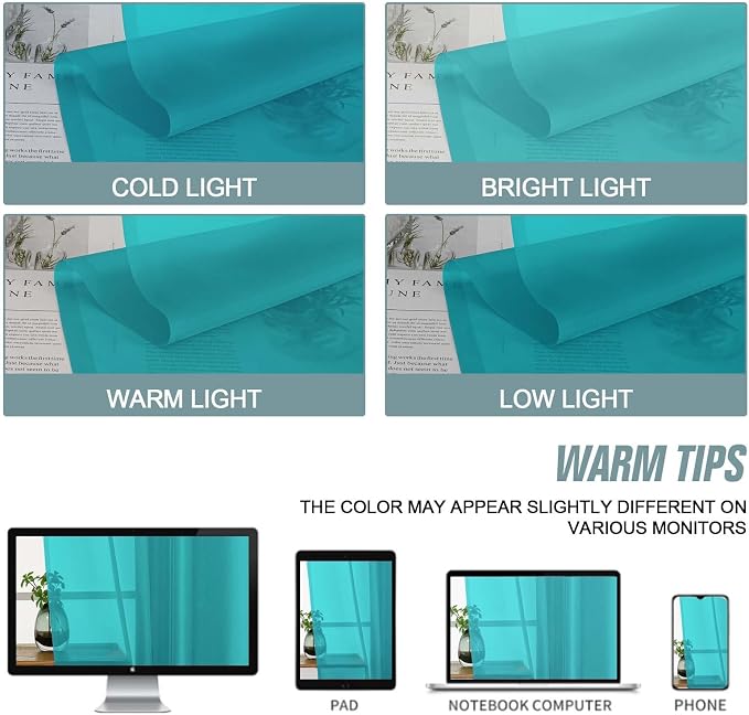 Turquoise Sheer Curtains Tier 30 Inches Length 2 Panels, Light Filtering - Image 7