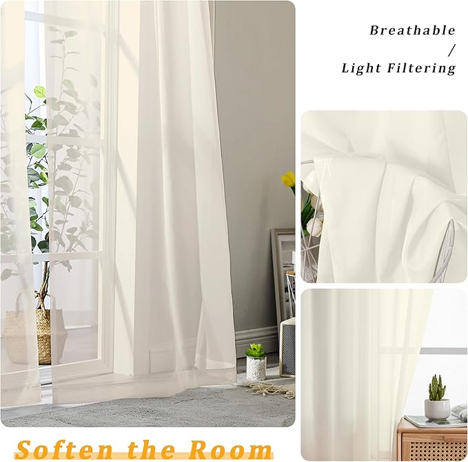 Gwine Cream Sheer Curtains 96 Inches Long 2 Panels, Elegant Window Treatments - Image 3