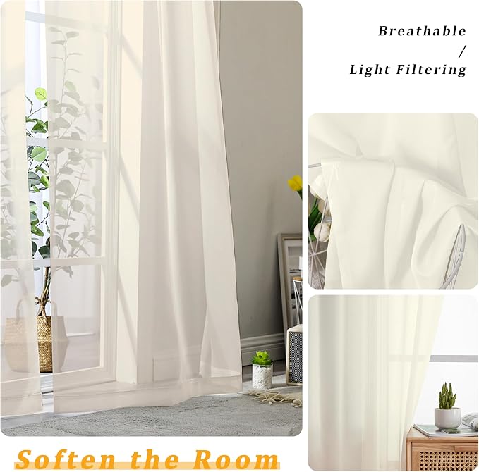 Gwine Cream Sheer Curtains 84 Inches Long 2 Panels Set, Voile Light Filtering - Image 3