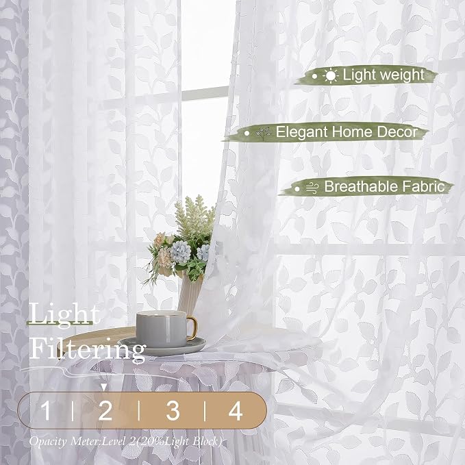 Chyhomenyc White Sheer Curtains 36 Inch Length, Light Filtering Leaf Tufted - Image 2
