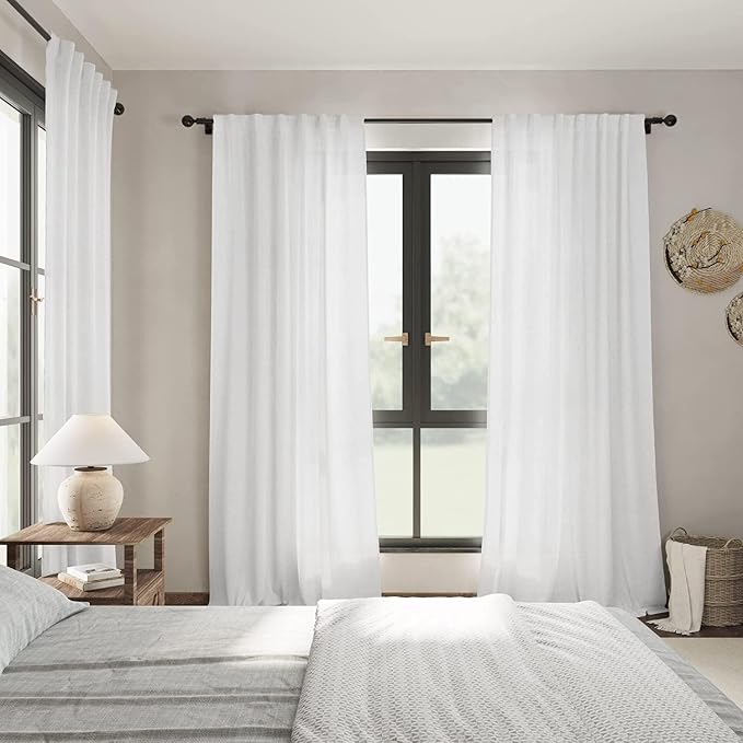 Nanspring White Linen Curtains for Living Room Farmhouse Light Filtering Semi - Image 7
