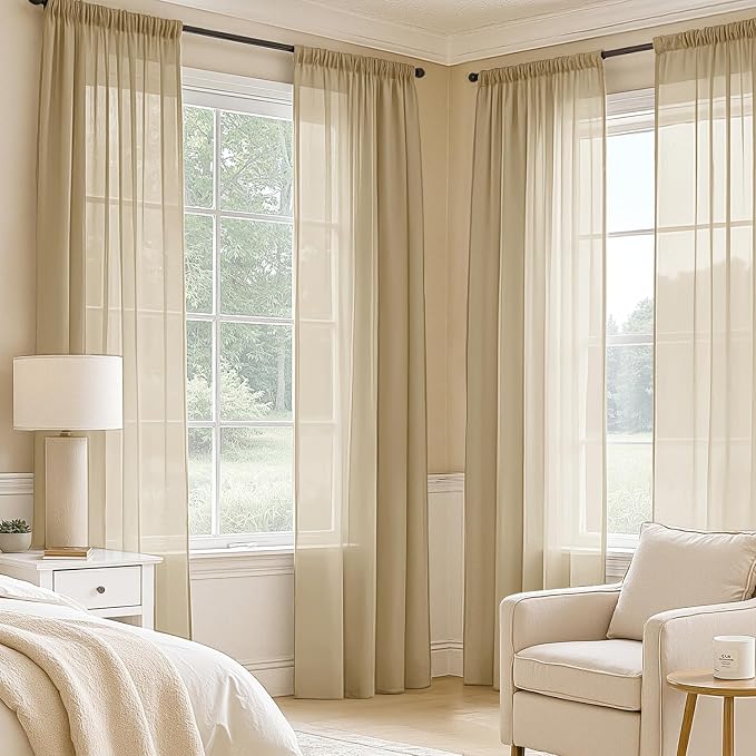 MIULEE Beige Sheer Curtains 84 Inches Long, 4 Panels Set, Rod Pocket Voile - Image 2