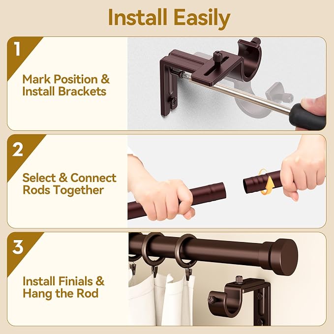 YaFex Curtain Rods 32-118 Inch, Heavy Duty 1 Inch Adjustable Curtain Rod - Image 7
