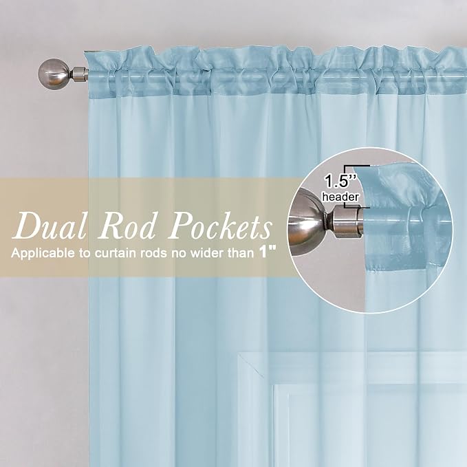 Lecloud Sky Blue Sheer Curtains 96 Inches Long 2 Panels, Light Filtering Voile - Image 5