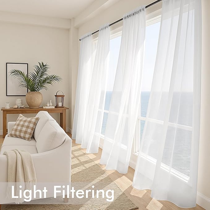 MIULEE White Sheer Curtains 96 Inches Long, 4 Panels Set, Light Filtering Rod - Image 4