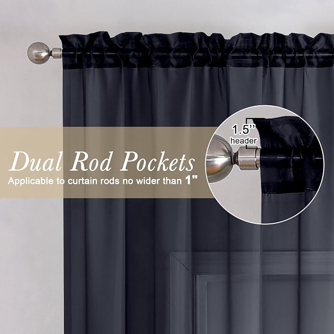 Lecloud Black Sheer Valance for Windows 14 Inch Length 2 Pieces, Light Reducing - Image 2