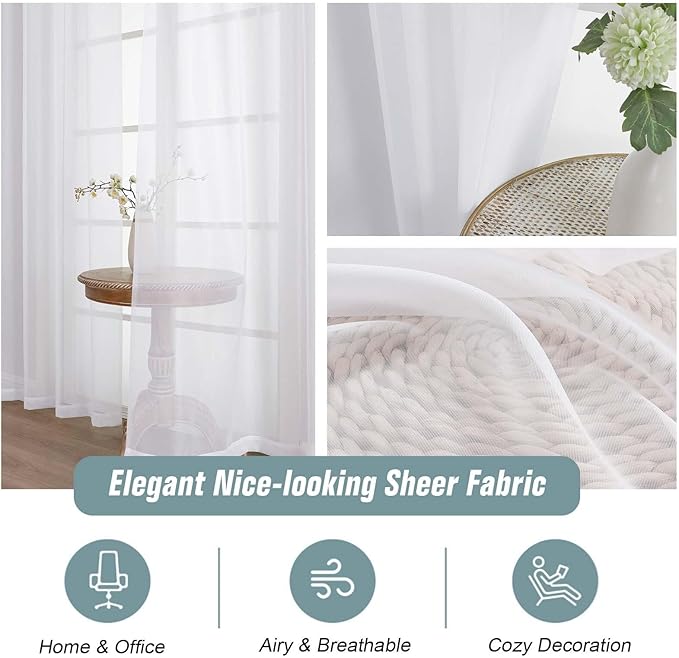 White Sheer Curtains 90 Inches Long 2 Panels, Light Filtering Solid Sheer - Image 4