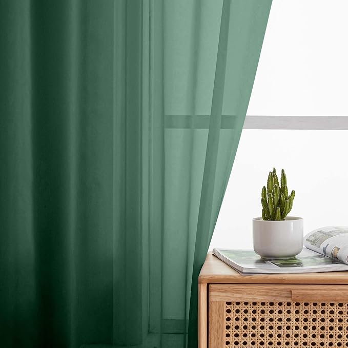 Sheer Hunter Green Curtains for Bedroom Living Room 90 Inches Long 2 Panels Set - Image 3