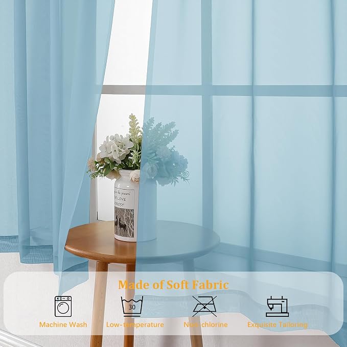 Gwine Sky Blue Sheer Curtains 96 Inches Long 2 Panels, Elegant Window - Image 7