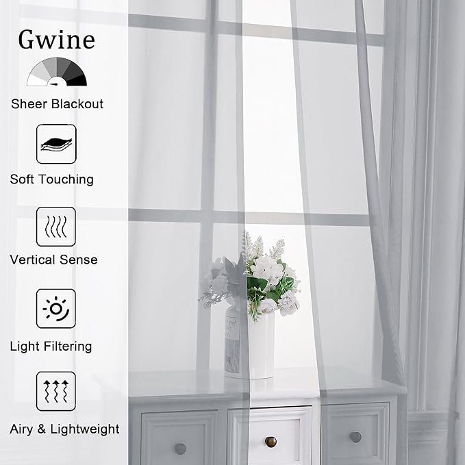 Gwine Light Grey Sheer Curtains 63 Inch Length - Image 2