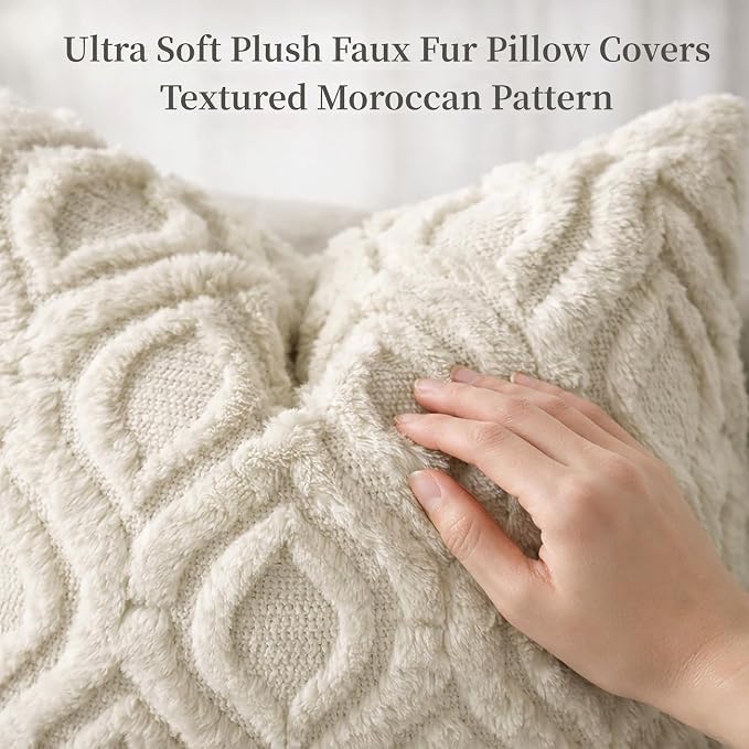 decorUhome Throw Pillow Covers 24x24 Inch Set of 2, Soft Plush Faux Wool Beige - Image 2