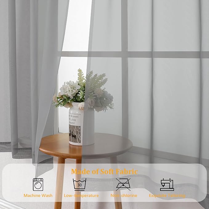 Gwine Light Grey Sheer Curtains 90 Inches Long 2 Panels Set, Light Filtering - Image 7