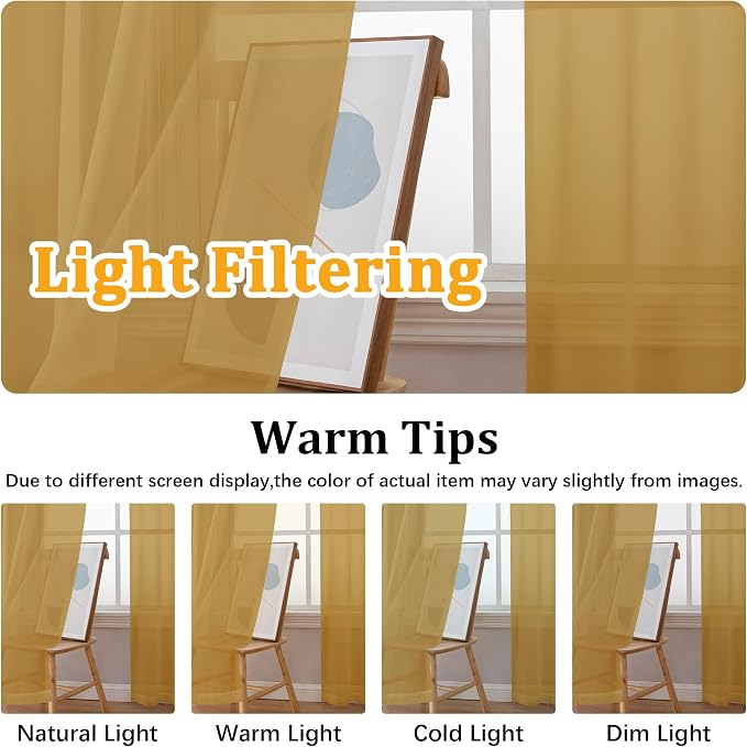 Gwine Gold Sheer Curtains for Bedroom 54 inches Long 2 Panels, Light Filtering - Image 5