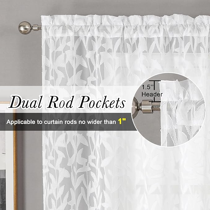 Lecloud Leia White Sheer Curtains 84 Inches Long 2 Panels, Semi Sheer Jacquard - Image 2