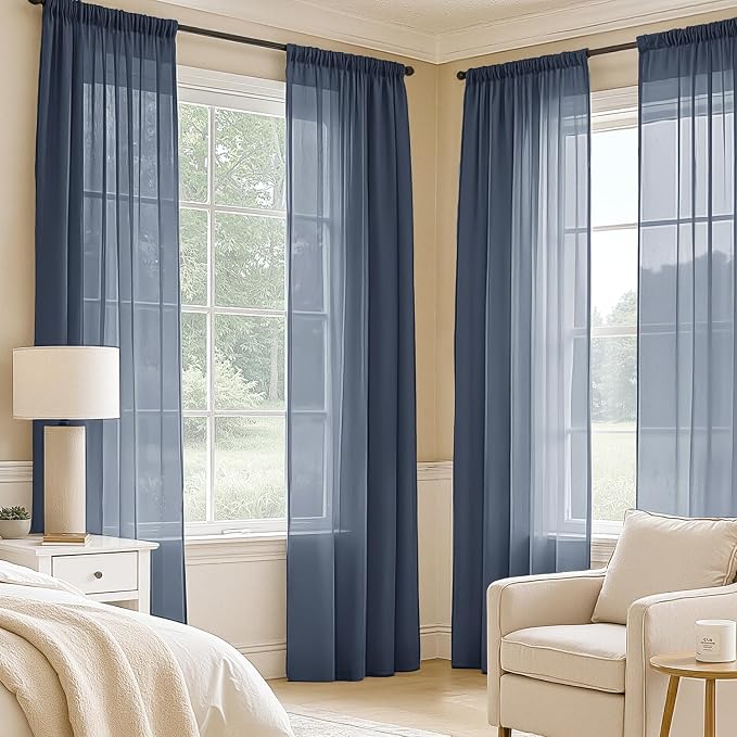 MIULEE Navy Blue Sheer Curtains 108 Inches Long, 4 Panels Set, Light Filtering - Image 2