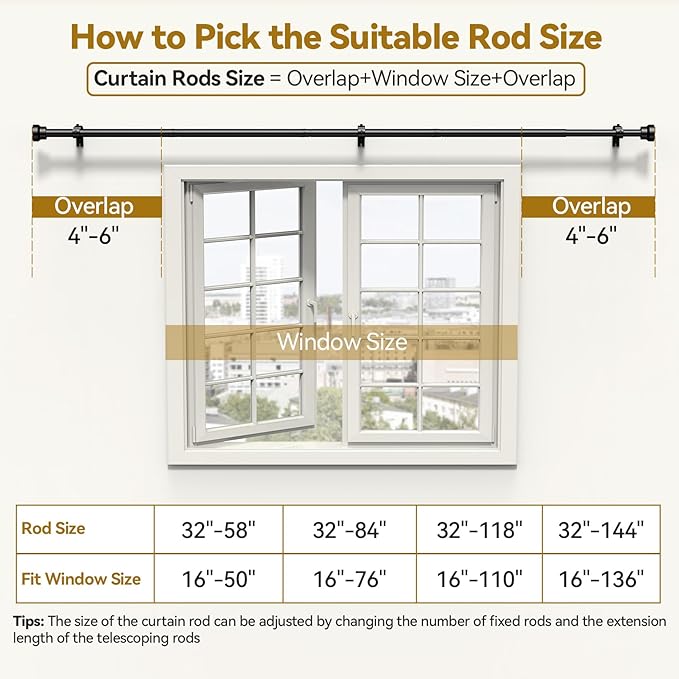 YaFex Curtain Rods 32-118 Inch, Heavy Duty 1 Inch Adjustable Curtain Rod - Image 6