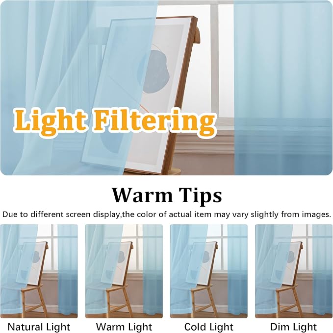 Gwine Sky Blue Sheer Curtains 30 Inch Length, Short Light Filtering Voile Small - Image 6