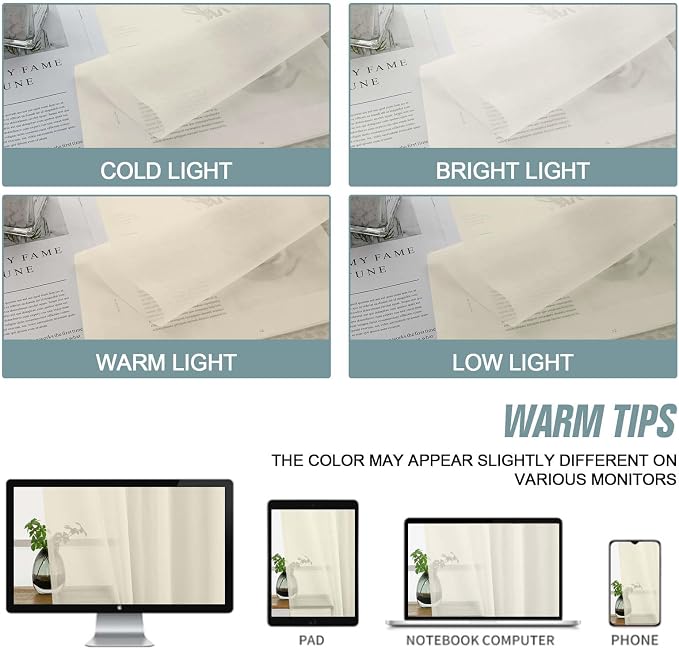 Cream Sheer Curtains 90 Inches Long 2 Panels, Light Filtering Solid Sheer - Image 6