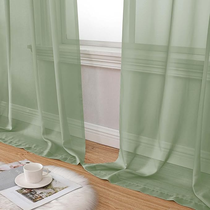 Sheer Green Curtains for Bedroom Living Room 90 Inches Long 2 Panels Set - Image 8