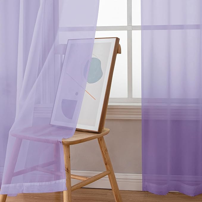 OWENIE Light Purple Sheer Curtains 54 Inch Length 2 Panels Set, Rod Pocket - Image 3