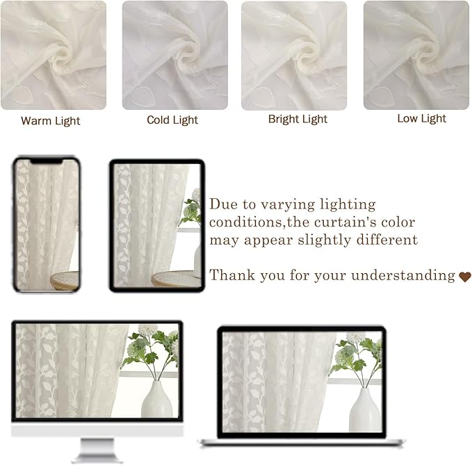 Chyhomenyc Ivory Sheer Curtains 24 Inch Length, Light Filtering Leaf Tufted - Image 7