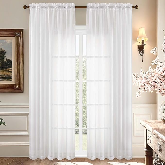 Aiyufeng White Sheer Curtains 90 Inches Long, Light Filtering Rod Pocket Solid by Aiyufeng