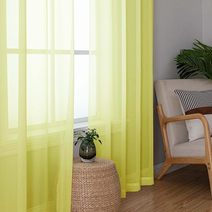 Lecloud Lemon Sheer Curtains 96 Inches Long 2 Panels, Solid Voile Dual Rod - Image 2