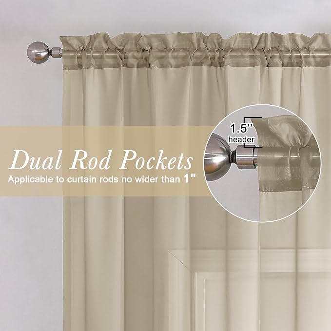 Lecloud Taupe Sheer Curtains 96 Inches Long 2 Panels, Modern Voile Solid - Image 4
