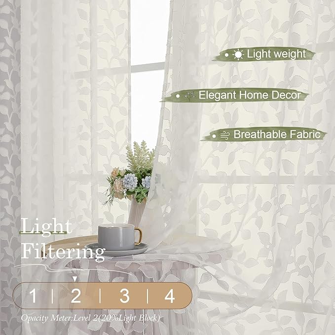 Chyhomenyc Ivory Sheer Curtains 36 Inch Length, Light Filtering Leaf Tufted - Image 2